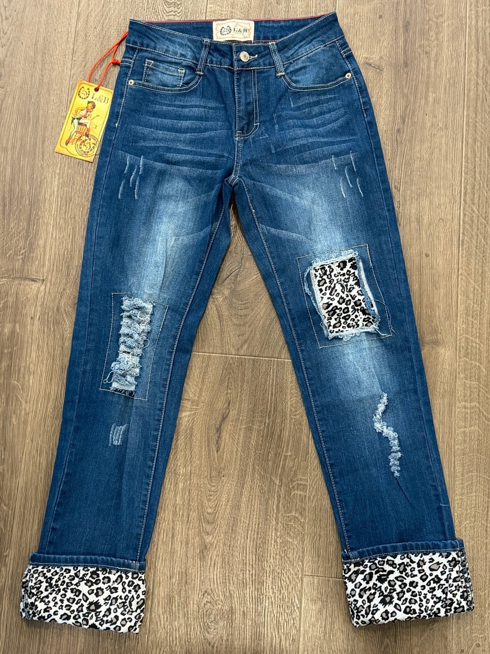 L&B Distressed Boyfriend Jeans Leopard Cuff Roll Tab Denim NWT Size 4